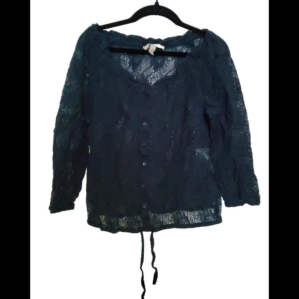 Kosiuko Ladies Blue Lace 3/4 Sleeve Jacket Cover Up Shirt Button Down Tie Medium
